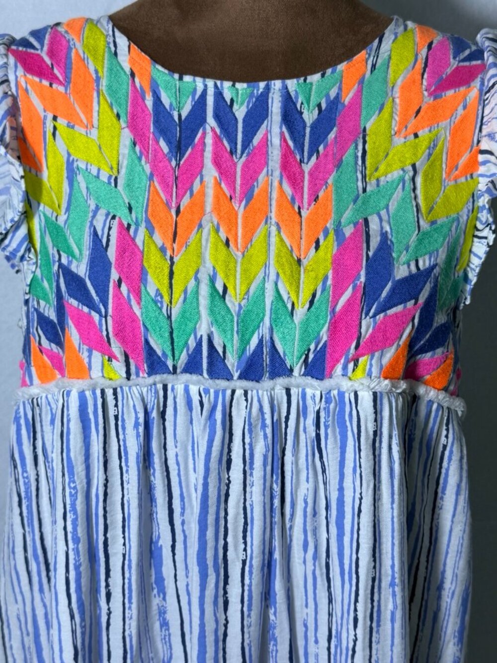 THML Embroidered Boho Dress Tassel Tie Neon Colorful Yoke Shift Small - Picture 8 of 13